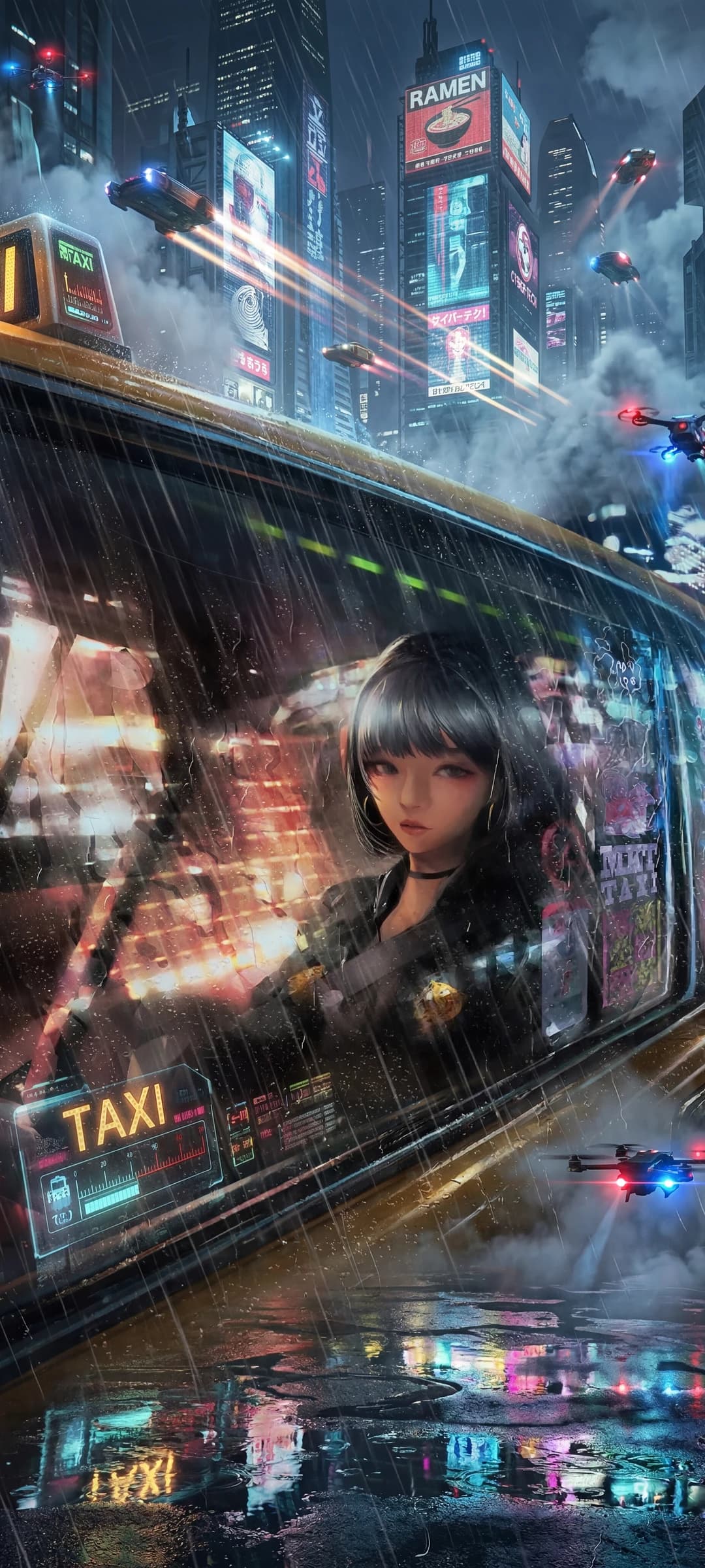 Anime Girl in Neon City Taxi